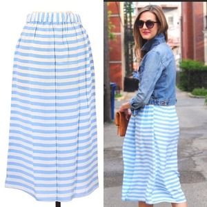 Tucker Striped Midi Skirt M Silk Crepe de Chine Pleated Slip Skirt Blue White